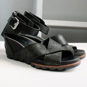 Sorel Women's Black Leather Joanie II Wedges Sandals Heels Size 9.5